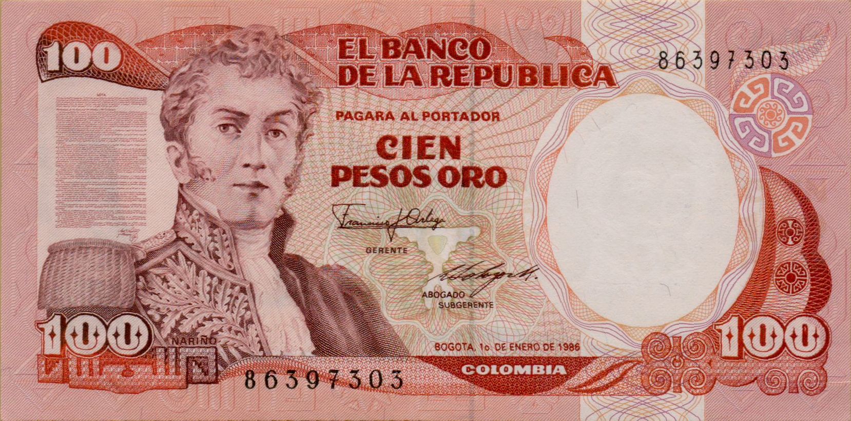 Colombia 100 1986 UNC P-426/b